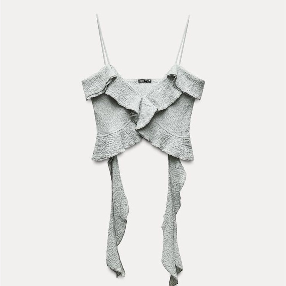 Zara NWT Ruffled Textured Crop Top Sea Green Women’s Size Small - Picture 6 of 7